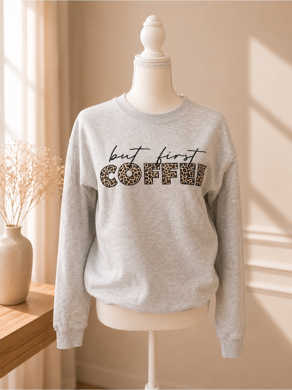 “But First Coffee” Leopard Print Graphic Sweatshirt - Light Gray